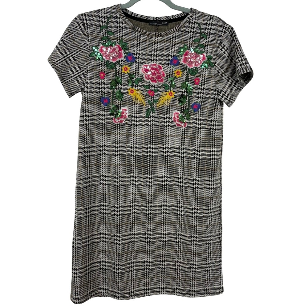 Zara Womens Size S Shift Dress‎ Glen Plaid Floral Embroidery Sequins Knit Black